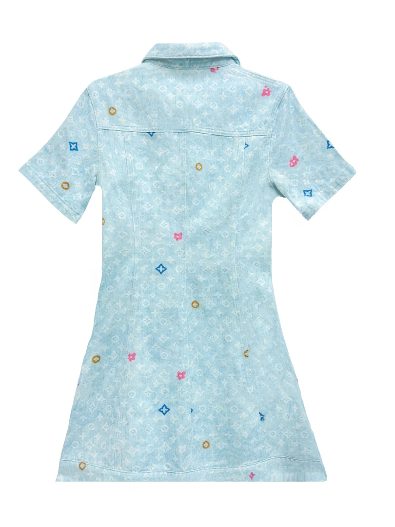 清新浅蓝牛仔裙经典老花底纹彩色小花翻领短袖单排扣少女风