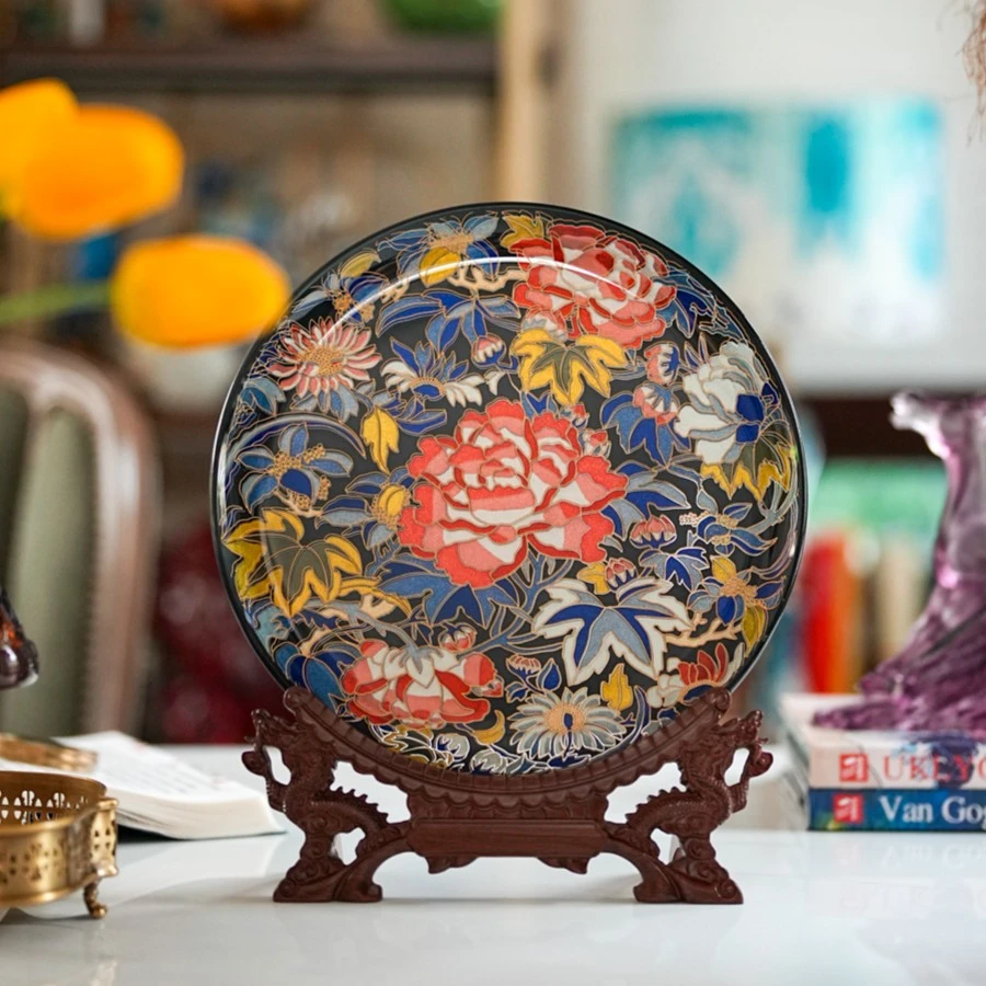 【奇居】艺术款 新中式镜面线雕手工彩绘赏盘摆件 富贵满园32cm