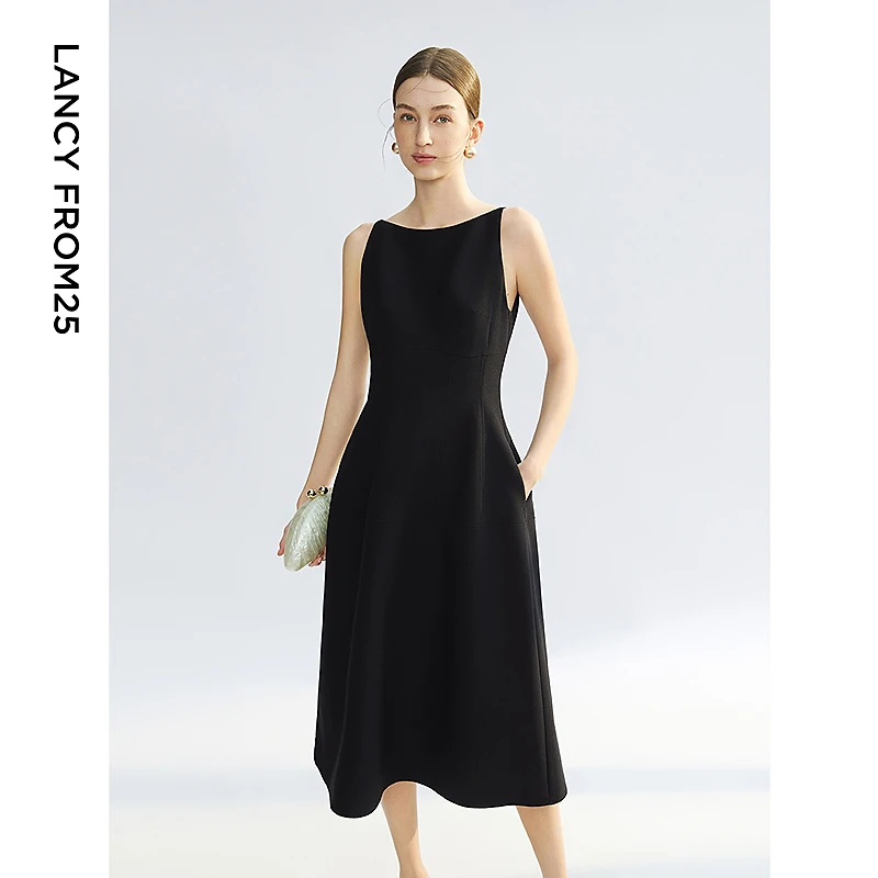 朗姿新款优雅一字领无袖连衣裙女高端法式修身收腰裙子吊带裙