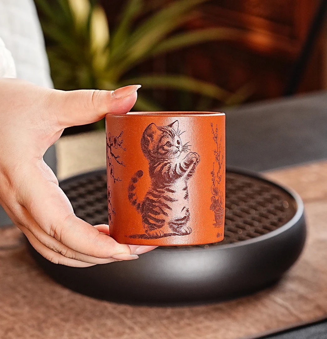400宜兴紫砂原矿降坡泥直筒杯建盏刻绘猫咪茶杯主人杯大容量