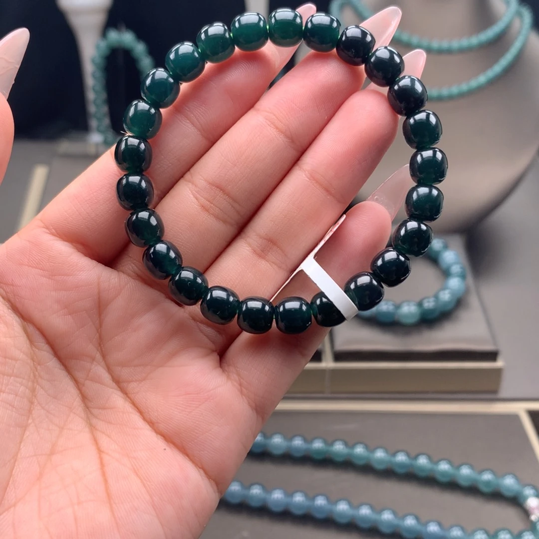 翡翠未镶嵌手链卡7.8mm墨蓝绿老型珠福利价