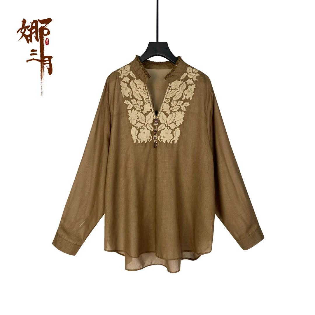 【高端线】精致刺绣复古文艺毛边手工长袖衬衫5158