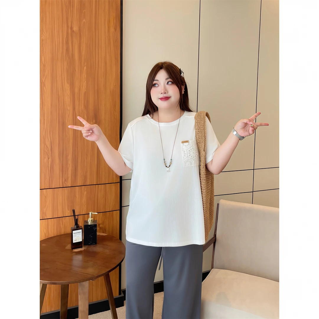 大码女装简约花契200斤胖mm冰氧棉马吉拉风设计感短袖T恤15427