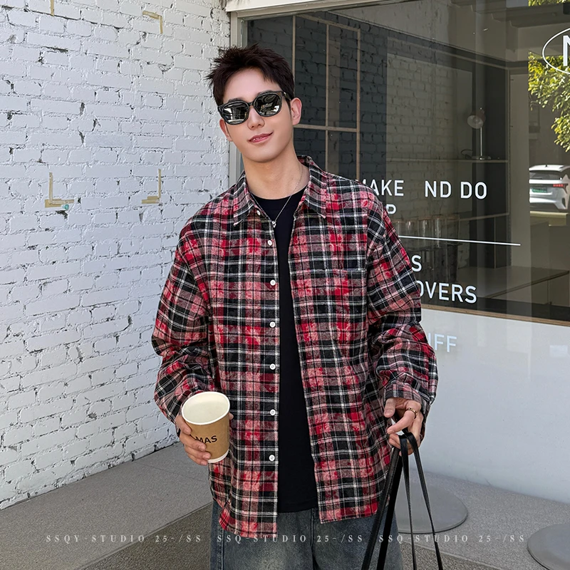 【时尚起易】格子衬衫男士新款潮流百搭痞帅少年感休闲复古宽松上衣