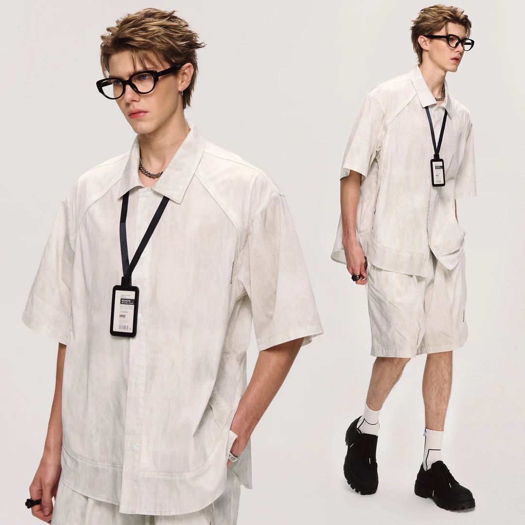 潮牌翻领短袖衬衫休闲短裤两件套男夏季美式高级感轻奢套装