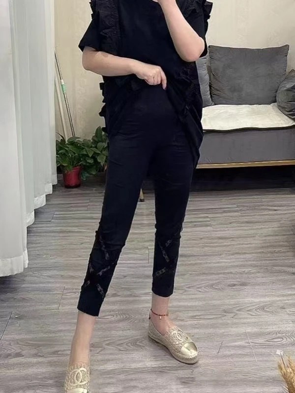 欧货拼接蕾丝纸皮裤女春夏薄款2025九分打底裤高腰显瘦小脚面膜裤