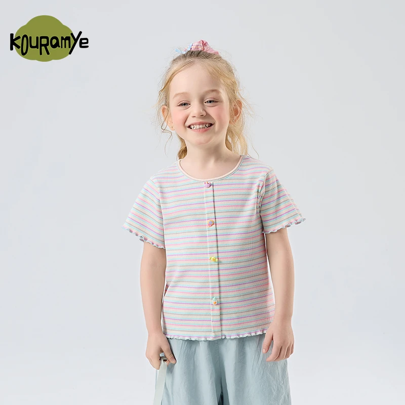酷娃米2025年夏季新款中小童百搭卡通小纽扣彩条上衣20802