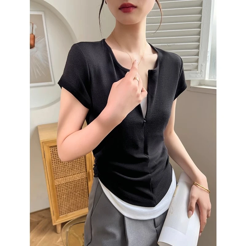 拉链假两件黑色短袖t恤女春夏季新款打底衫不规则短款内搭上衣潮
