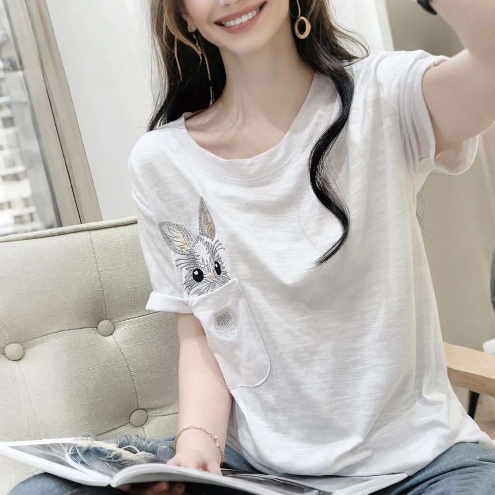 夏季薄款宽松圆领短袖拼接刺绣正肩T恤减龄显瘦竹节棉显瘦体恤衫