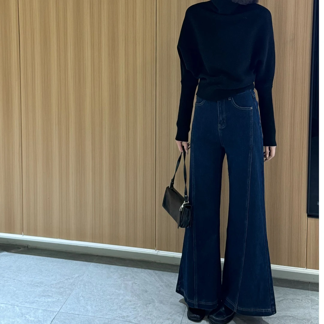 【福桃推荐】秋冬新款显瘦直筒不贴腿植绒微喇阔腿牛仔裤