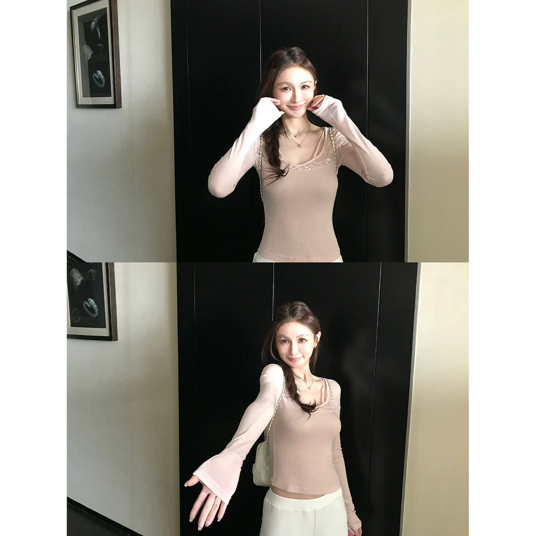 '心动涩谷'纯欲加分项 天丝羊毛V领蕾丝拼接打底衫修身百搭上衣