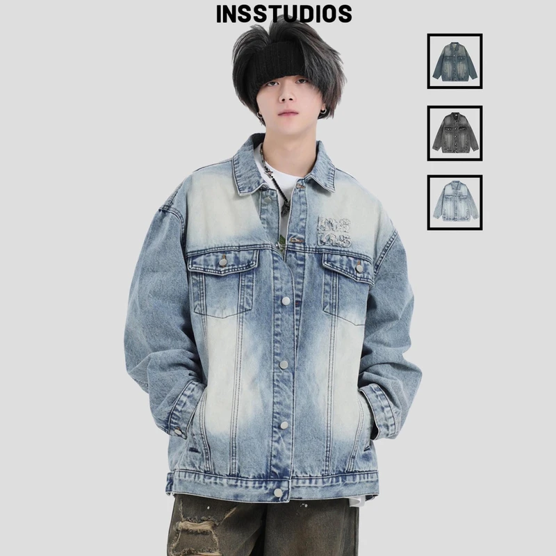 INSstudios 国潮牌情侣美式贴布绣LOGO渐变水洗牛仔外套宽松夹克