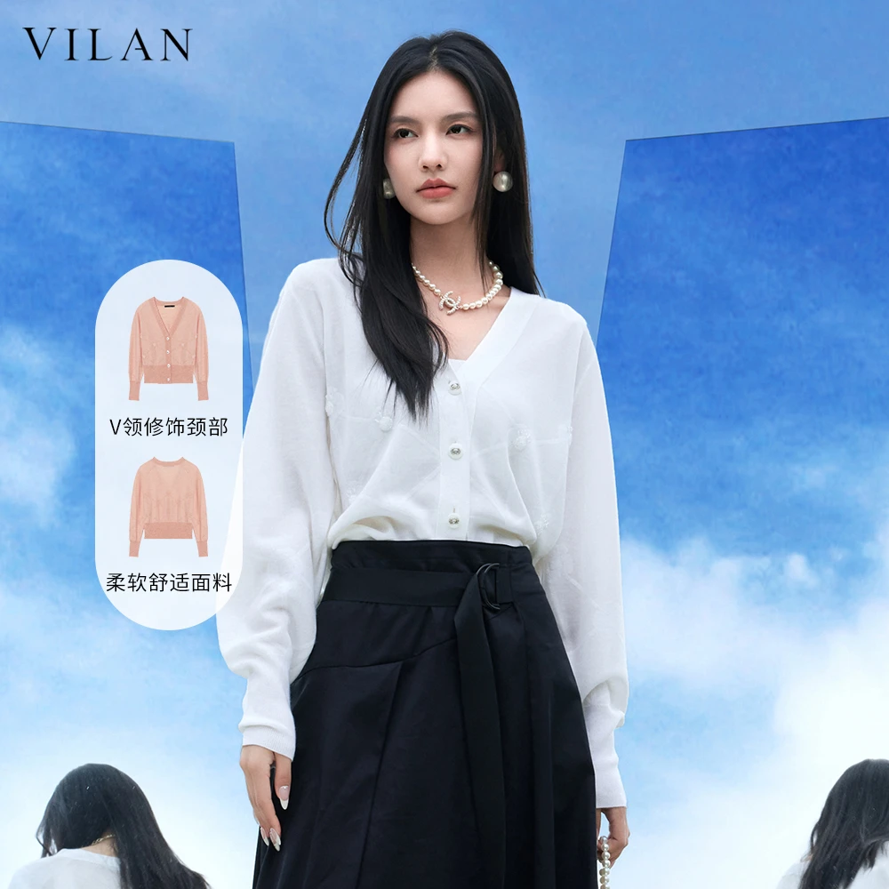 VILAN/慧兰针织衫女开衫短款外搭长袖上衣2025春季新款领休闲外套