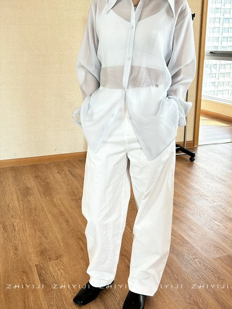 实穿透视灰色翻领衬衫 早秋轻薄性感长袖百搭宽松 OVERSIZE衬衣