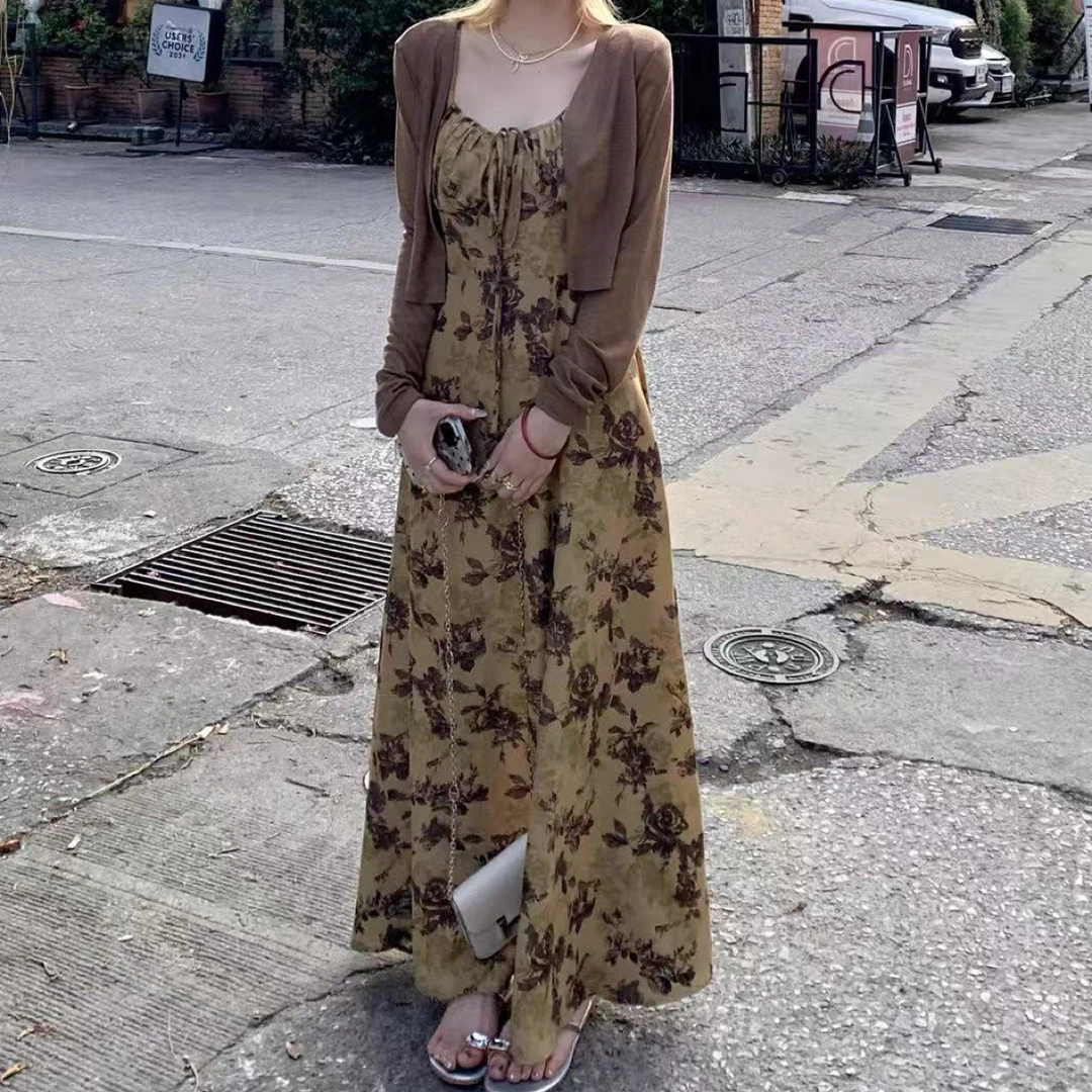 法式复古水墨印花吊带连衣裙开衫两件套秋季新款高级感显瘦长裙子