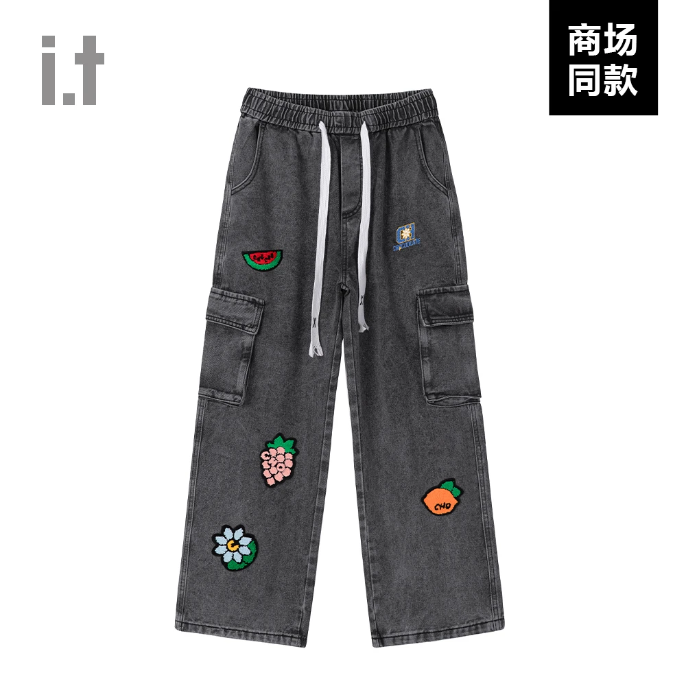 I.T潮牌CHOCOOLATE秋季新款复古烟灰色牛仔裤男刺绣工装休闲裤女