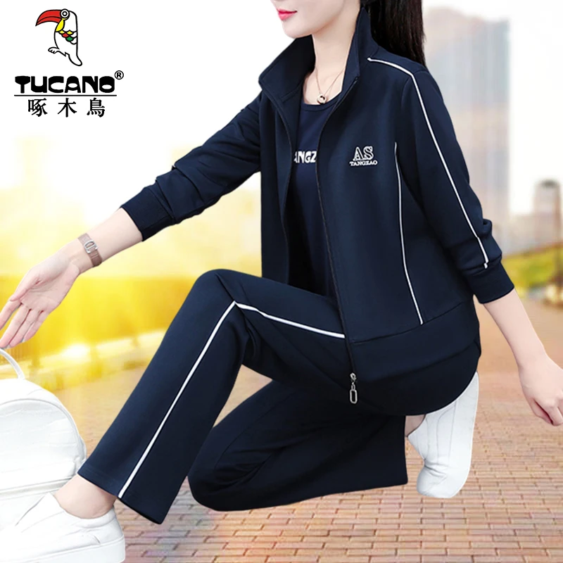 啄木鸟中年妈妈直筒裤两件套跑步服女装时尚套装运动春秋开衫休闲