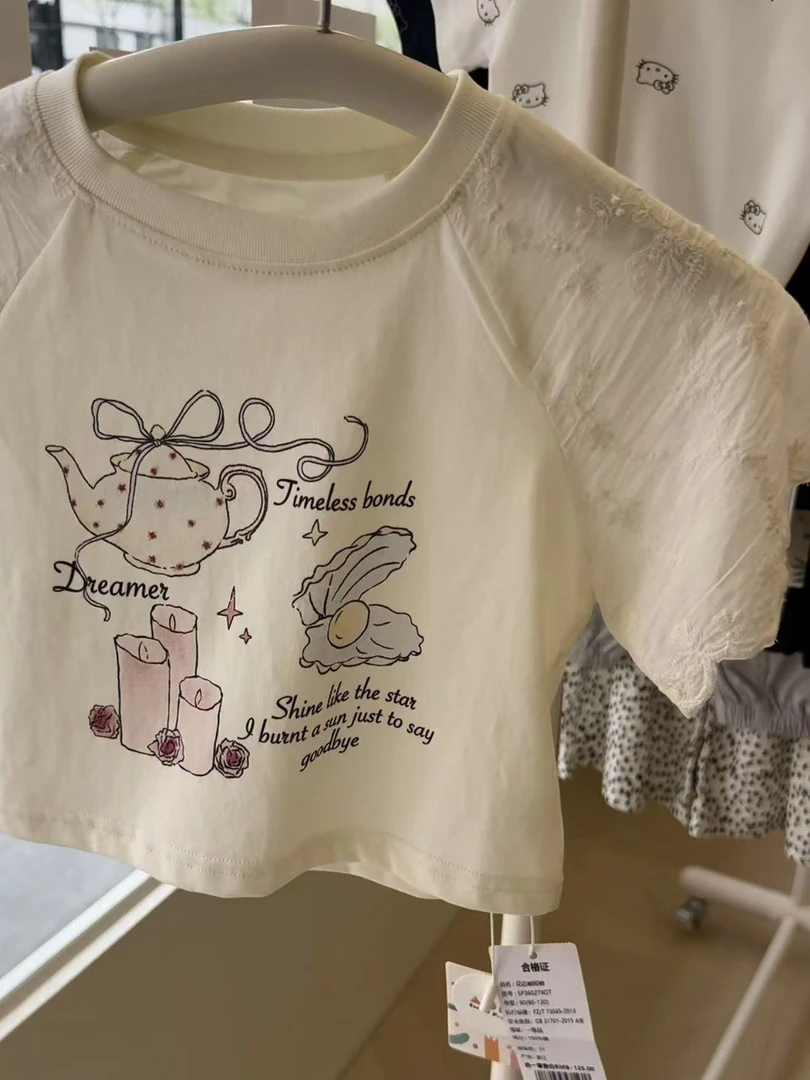 夏款-花边袖拼接100棉短袖T恤-360279