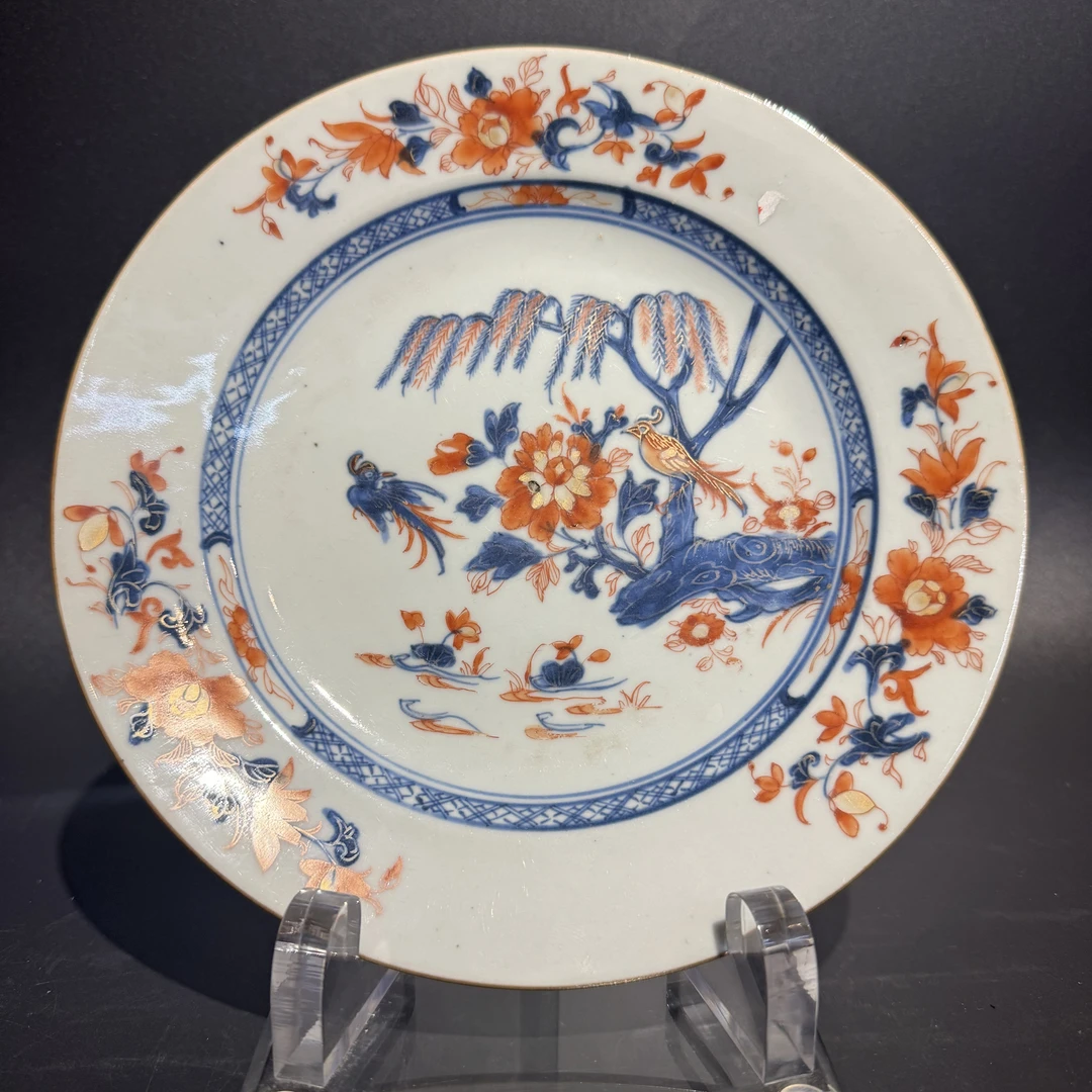 C-A0816059清康熙青花加彩矾红花鸟纹赏盘直径22.4