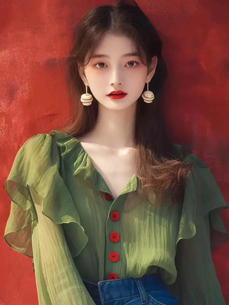 法式洋气时髦显瘦超好看绿色荷叶边衬衫女