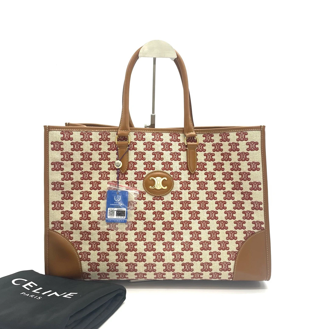 95新 Celine/思琳 98新 tote托特 cabas印花织物拼棕色皮手提包