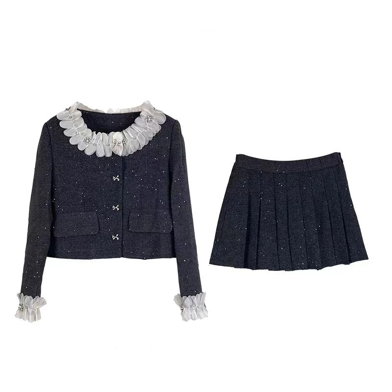 秋冬套装女设计感大码女装法式小香风套装短款百搭黑色名媛秋季