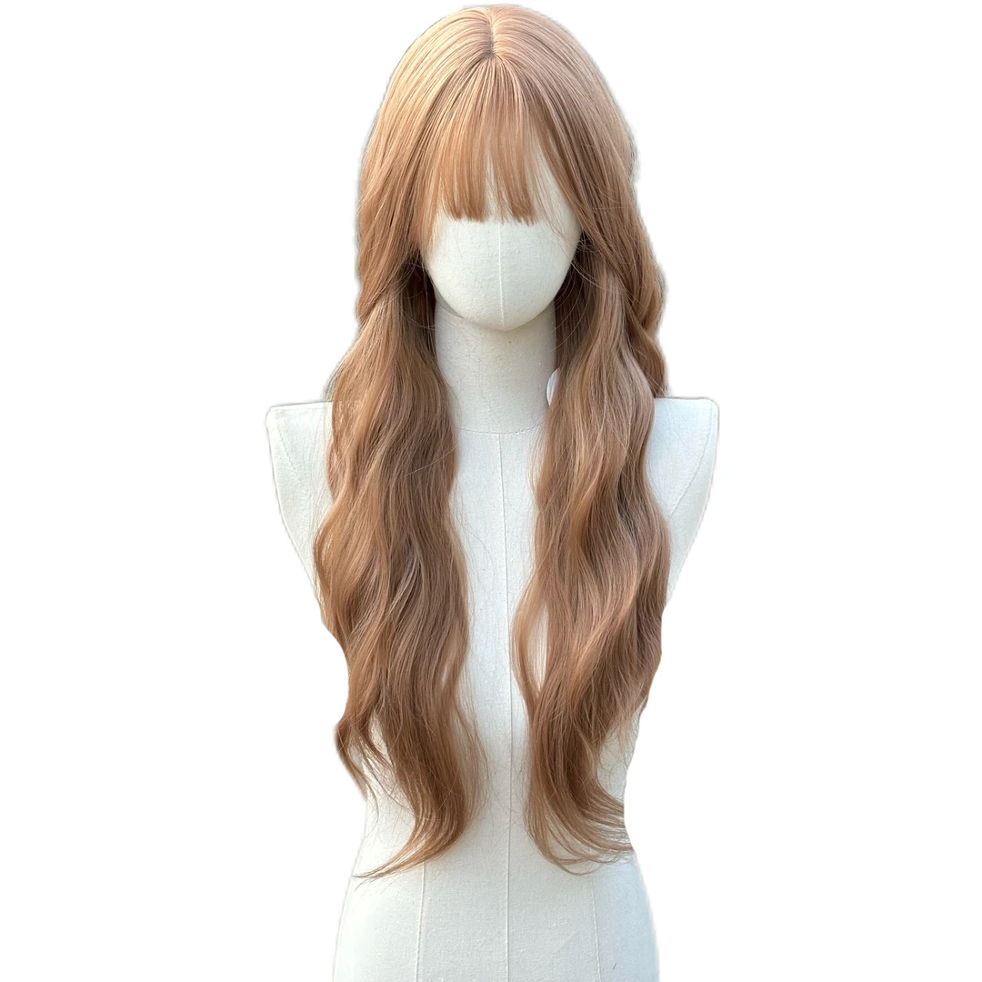 假发女齐刘海香槟色羊毛卷全头套自然日常刘海长卷发假发套
