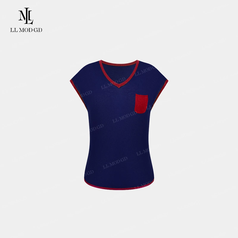 星夜晚风 醋酸麻时尚百搭拼色口袋V领针织休闲短袖上衣YL-262438