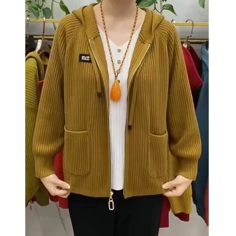 春季新款连帽拉链针织衫上衣外套休闲女装中老年妈妈装