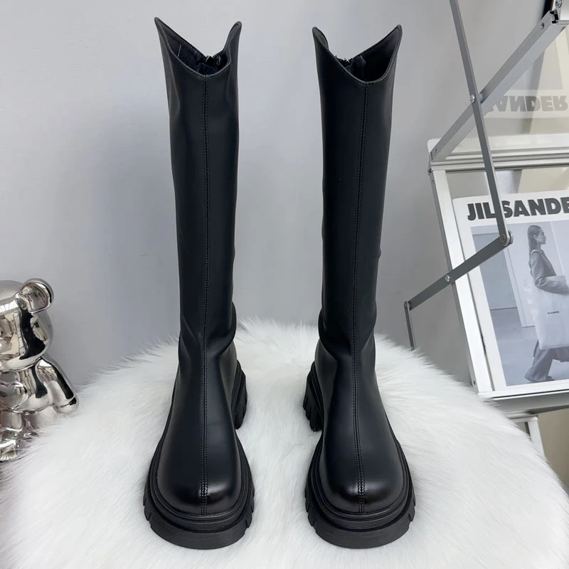 真皮时尚长筒靴女2025年新款秋冬季加绒美拉德高筒骑士靴子女款