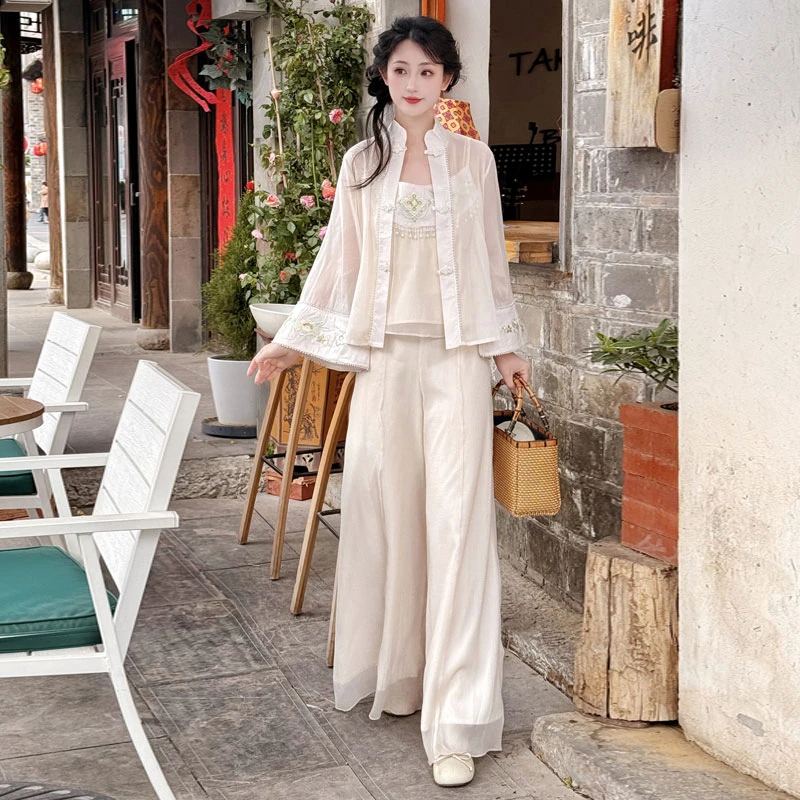 【云纱甜甜】刺绣新中式国风三件套2025夏季复古宽松中国风刺绣成人