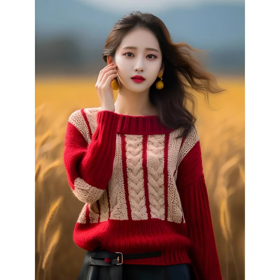 3109 今年流行的漂亮毛衣女款新款秋冬穿搭红色针织衫撞色上衣