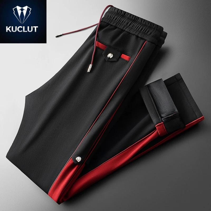 EOENKKY高端保暖加绒加厚裤子男撞色拼接男士直筒运动卫裤休闲裤