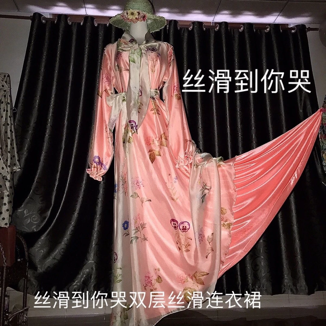 新款双层丝滑印花连衣裙清新气质时尚仙气公主风性感长款飘逸网红
