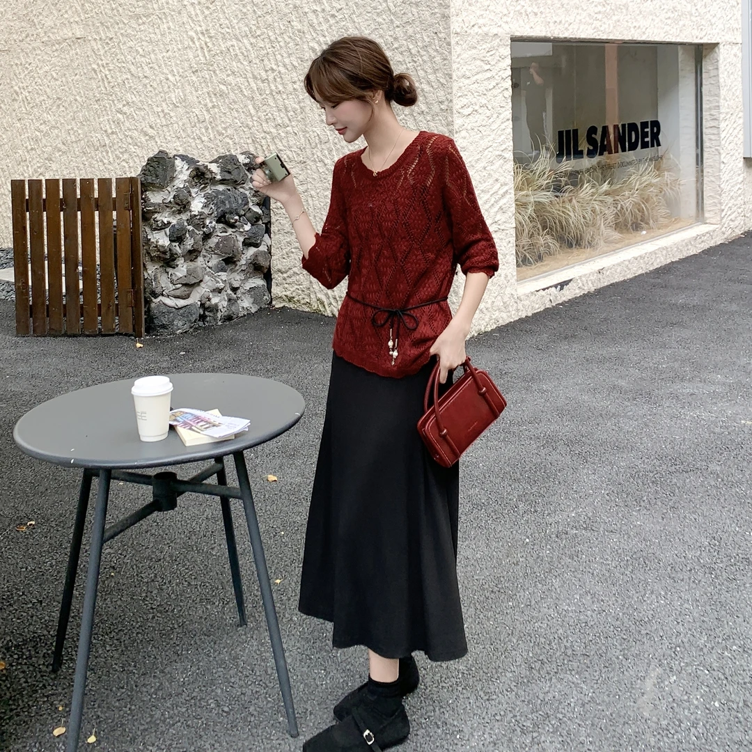 复古文艺范潮流减龄套装裙女秋新款时尚百搭针织上衣吊带裙两件套