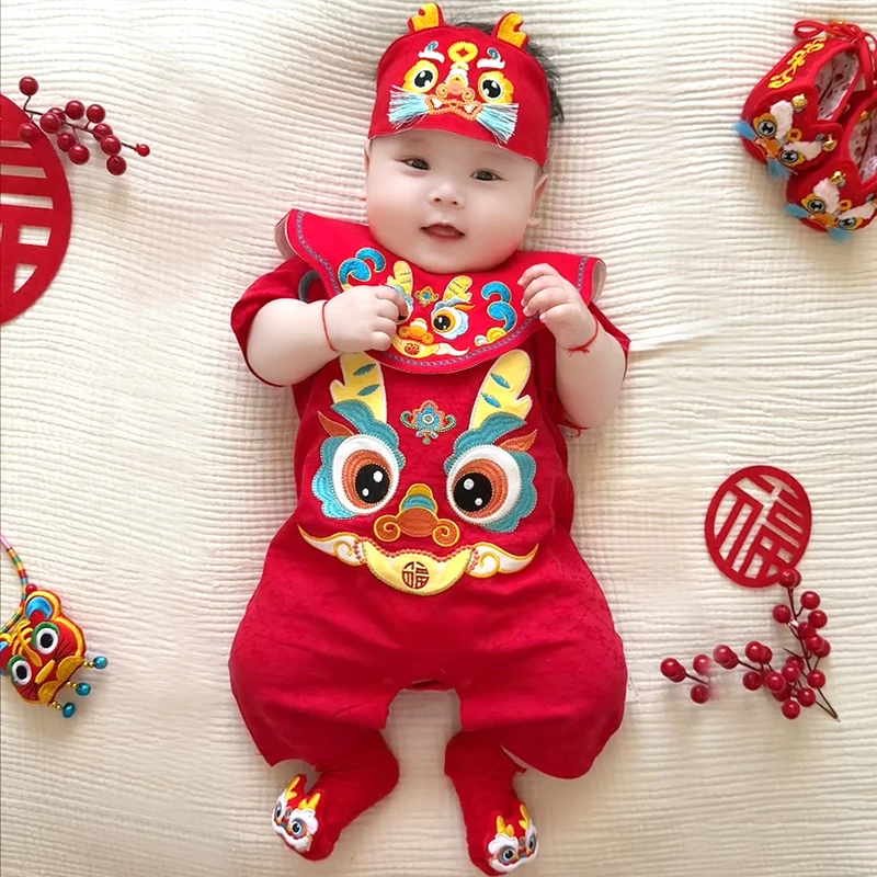 新款短袖连体衣婴儿夏季哈衣宝宝满月百天周岁服抓周礼服国潮5385