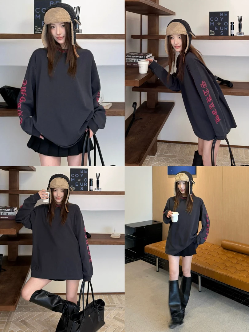 【梵文黑粉】圆领长袖T恤微标钻印花 CLZ5150T