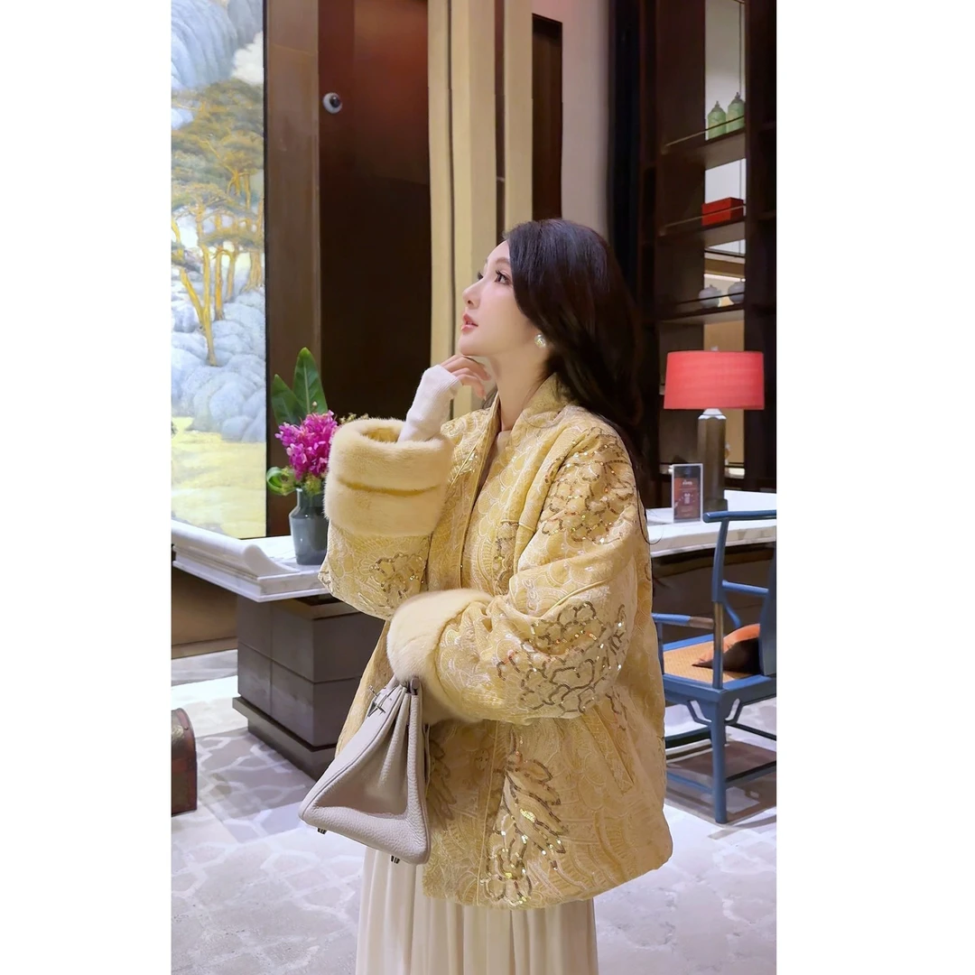 【锦鲤满堂】国风鹅绒水貂重工亮片刺绣轻奢羽绒外套25876