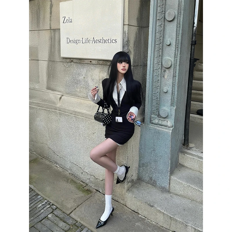 御姐风黑色通勤连衣裙收腰显瘦新款纯欲短裙子设计感包臀假两件裙