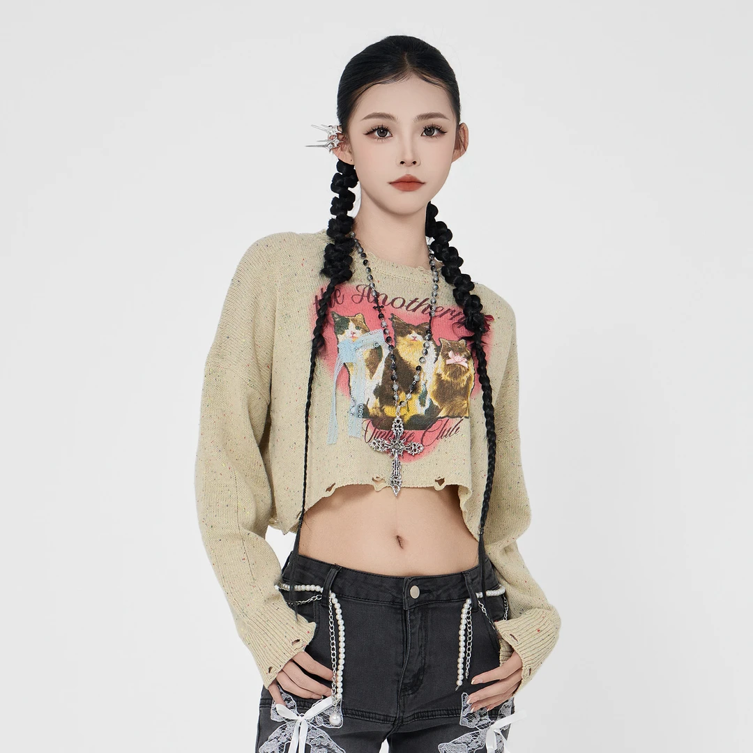 ANPK女装时尚街头辣妹潮酷小猫卡通毛衣AD141I8555