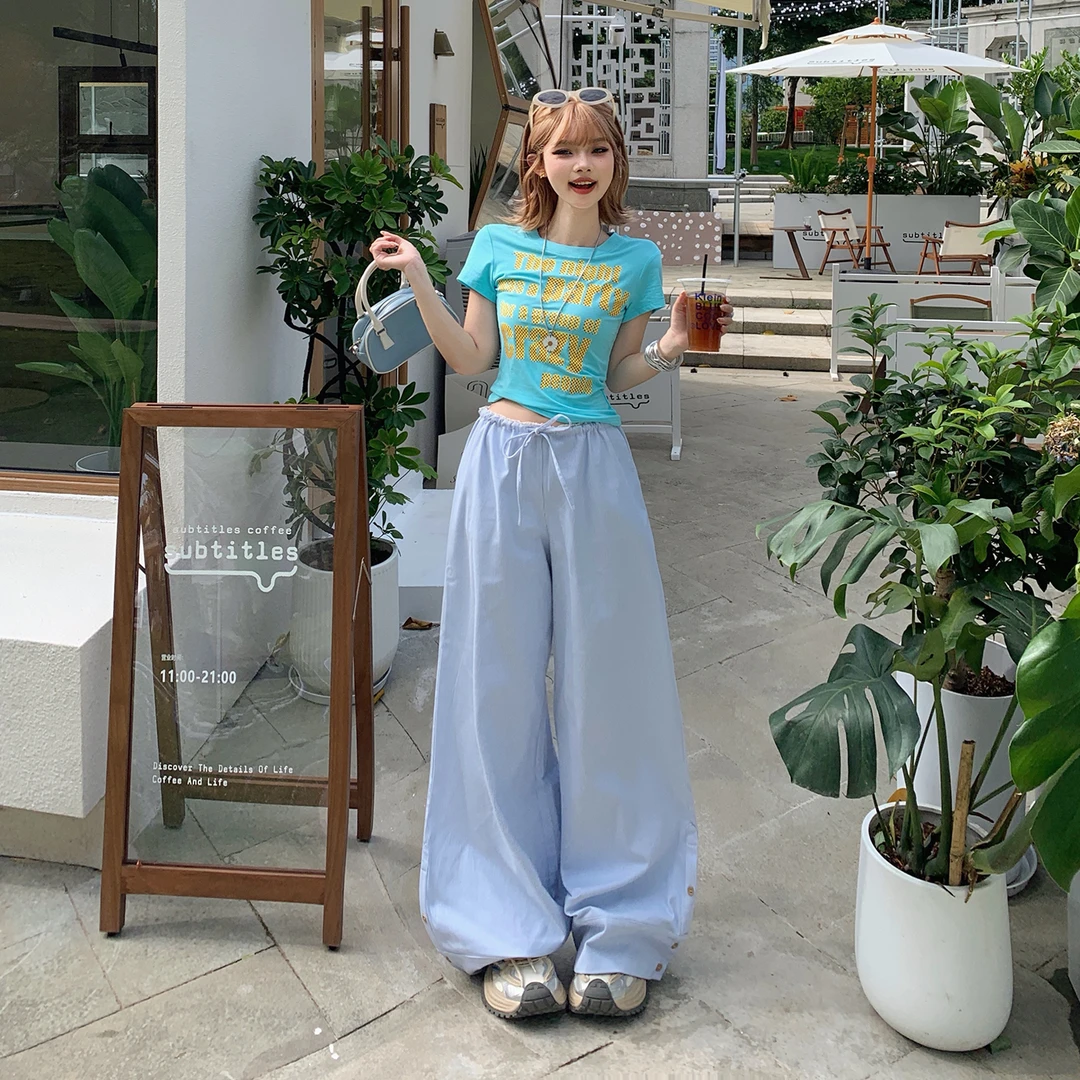 早秋新款&美式复古抽绳宽松阔腿裤百搭竖纹慵懒垂感百搭休闲裤女