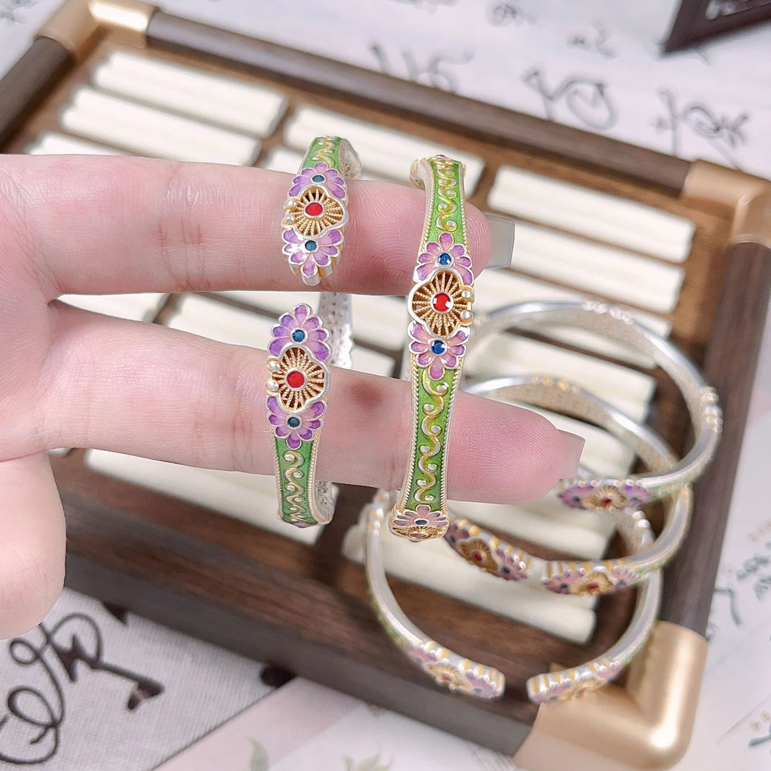 足银珐琅手镯 描金如意花藤镂空手镯宫廷国潮风【足银999.9】