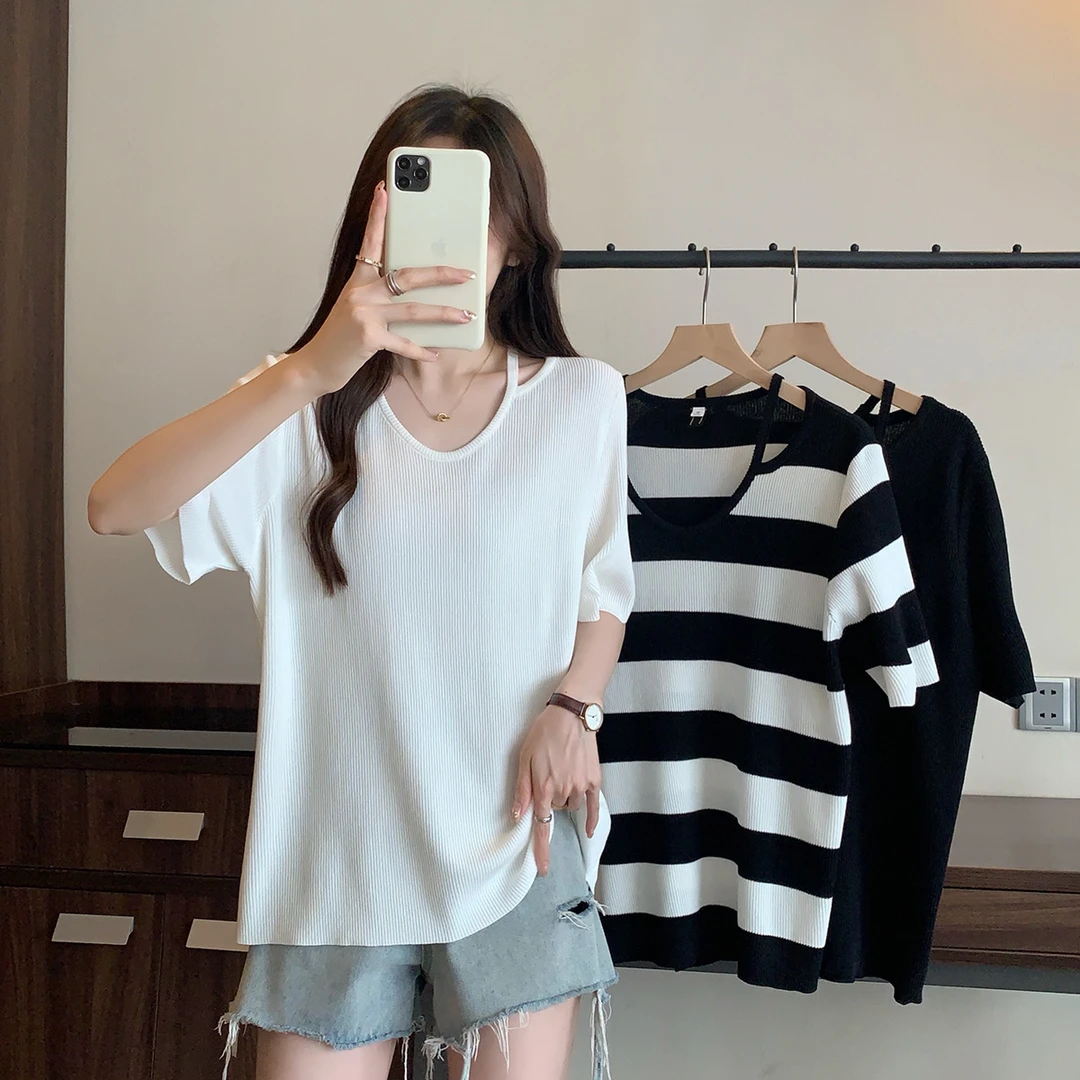 夏季新款胖mm大码女设计感镂空冰丝针织衫慵懒风短袖上衣