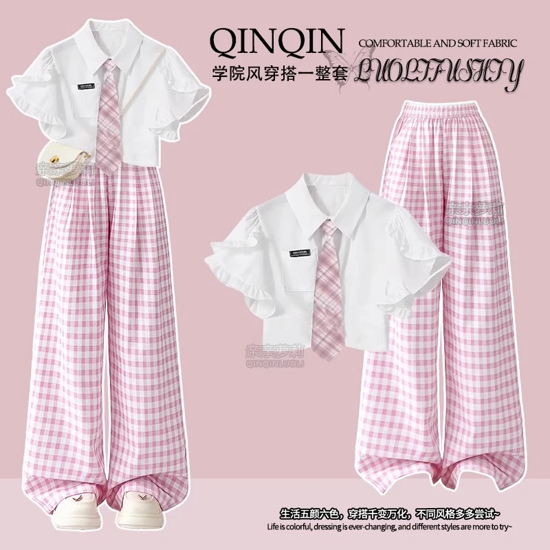 女童夏季短袖阔腿裤子套装学院衬衫T恤格子裤休闲衣服少女两件套