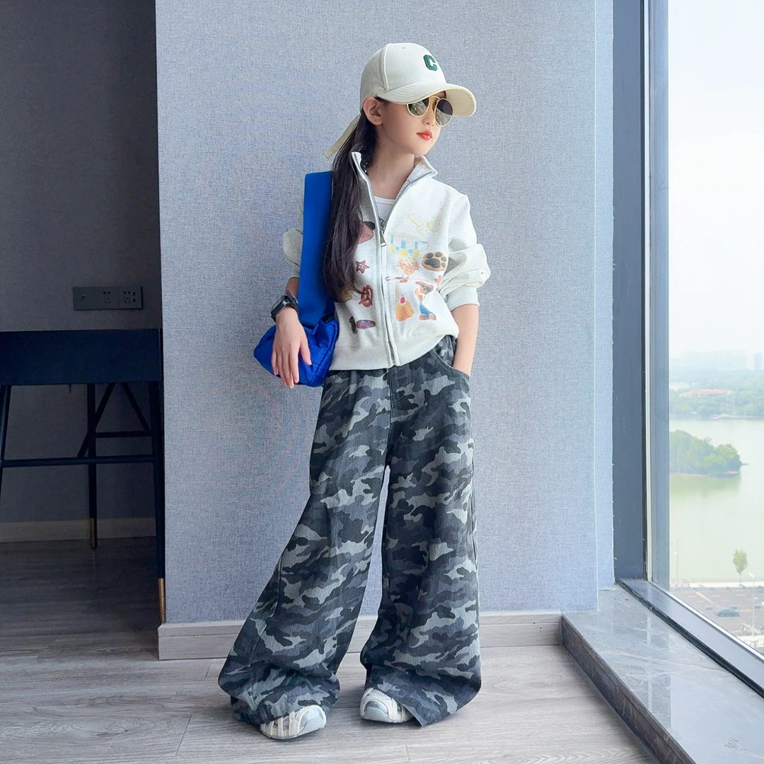 女童套装秋季2025新款女孩潮酷卫衣开衫外套儿童洋气阔腿迷彩裤子
