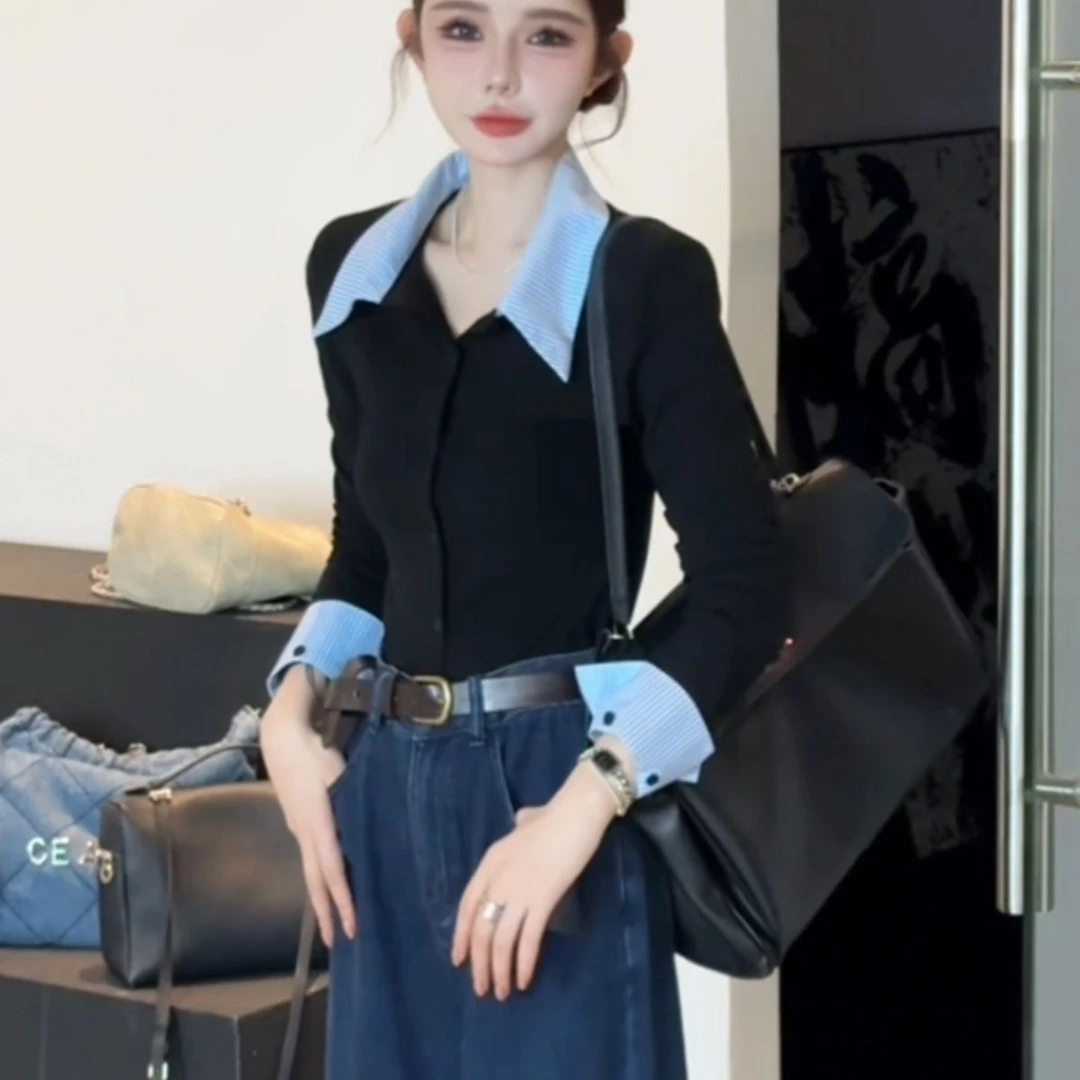 学院风拼接假两件衬衫女健身年秋季新款修身显瘦翻领长袖别致上衣