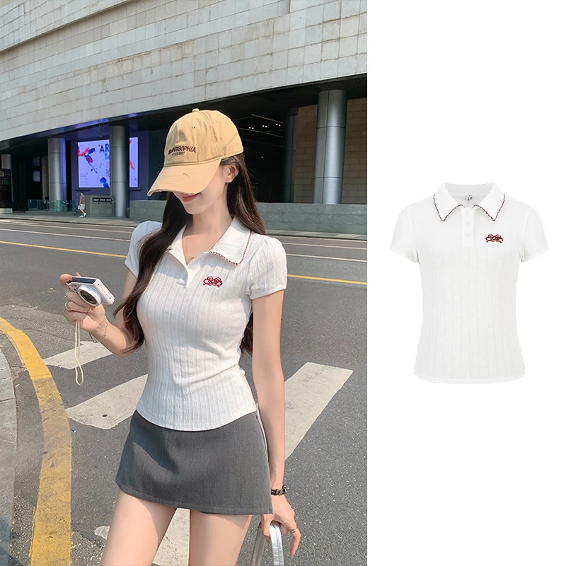Moses Queen/魔西女王学院风辣妹显瘦polo领 短袖T恤正肩短款上衣