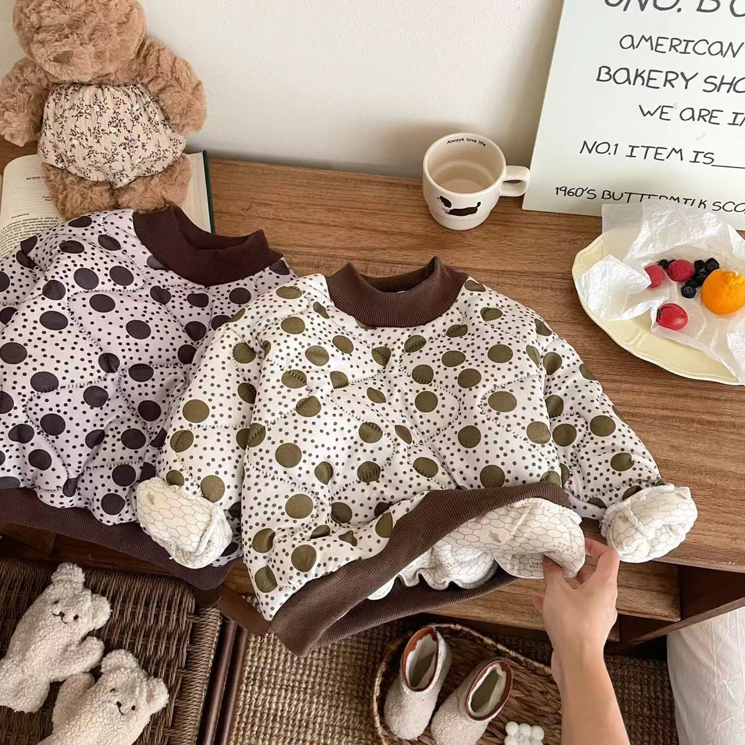 暖和~韩版儿童满印波点夹棉长袖卫衣冬男童女童童碎花半高领套头