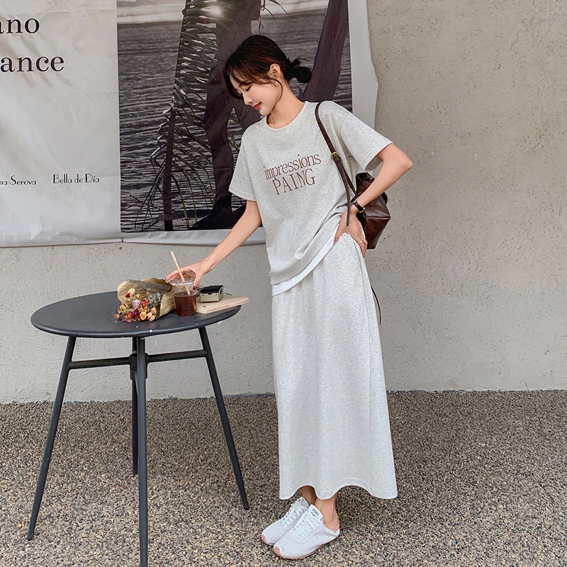 灰色休闲套装裙夏装搭配一整套时尚字母印花T恤上衣半身裙两件套