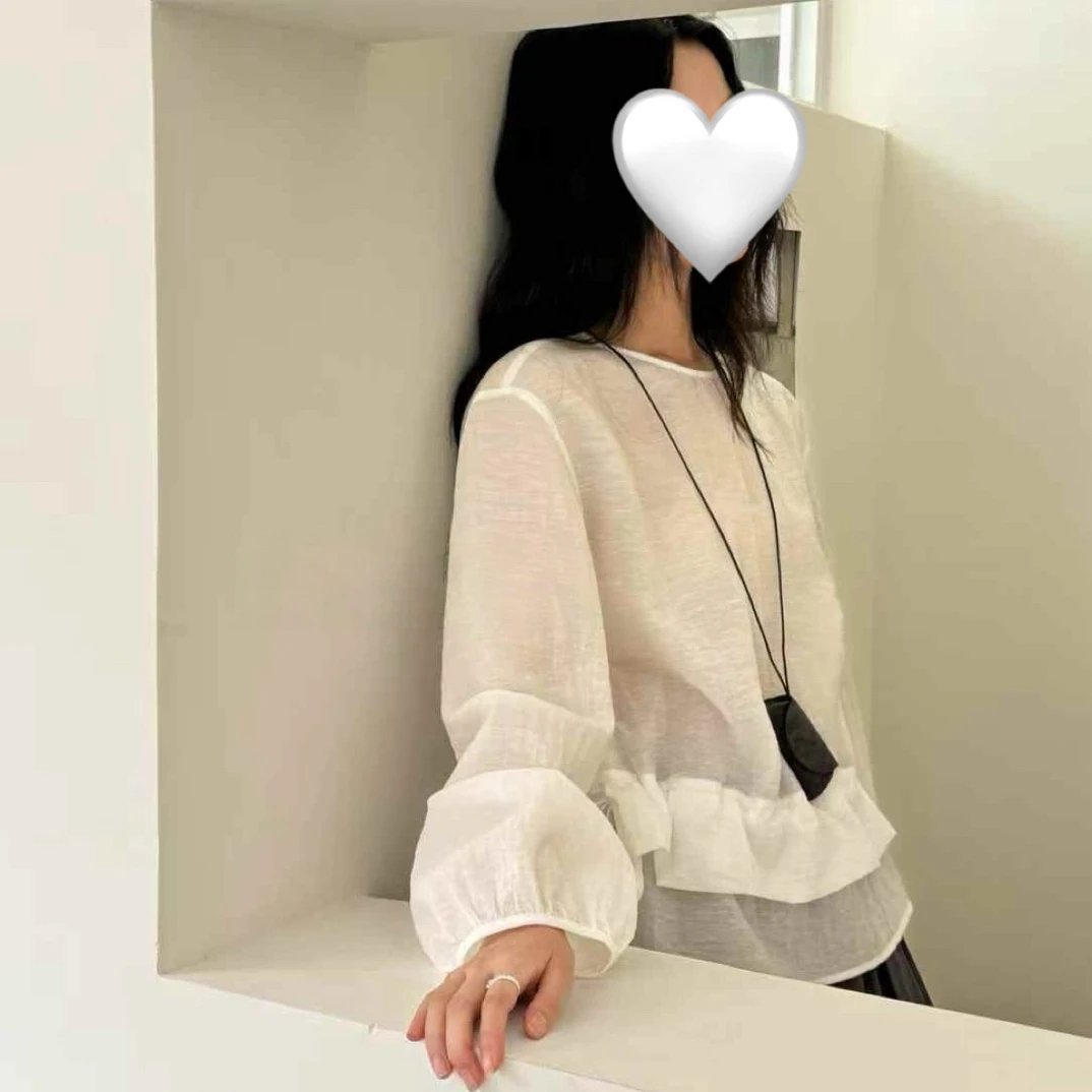 5099 法式简约设计感荷叶边抽绳显瘦圆领小衫